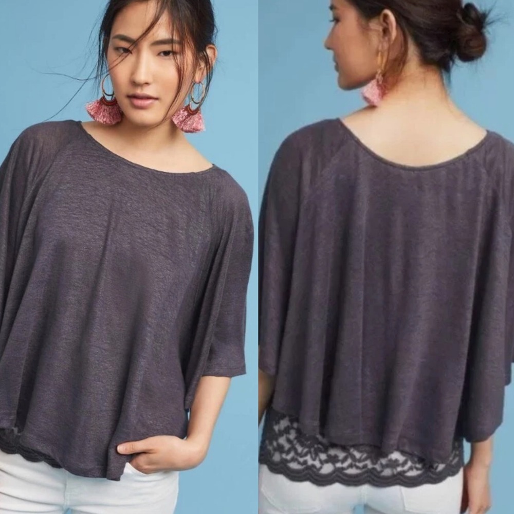 Akemi + Kin‎ Top Women Small Purple Linen Lace Trim Dolman Boho Cottagecore